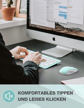 Бездротова клавіатура та миша TECKNET QWERTZ, 2.4 GHz, 15м, тиха, для ПК, ноутбука, Smart TV, білий (зелений)