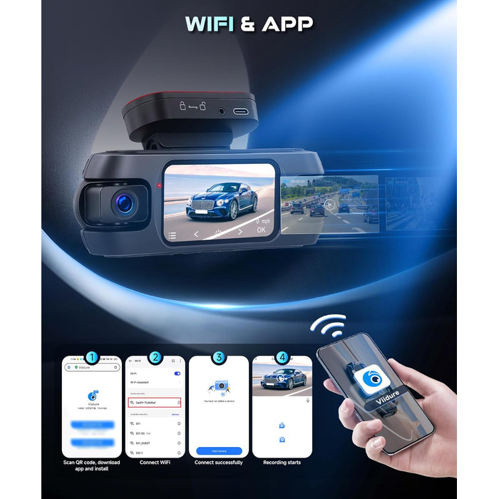 Відеореєстратор 4K WiFi Voller 360°, Автомобільна камера з GPS, Park Mode, Нічним баченням та G-сенсором. Комплект з камерою заднього виду.