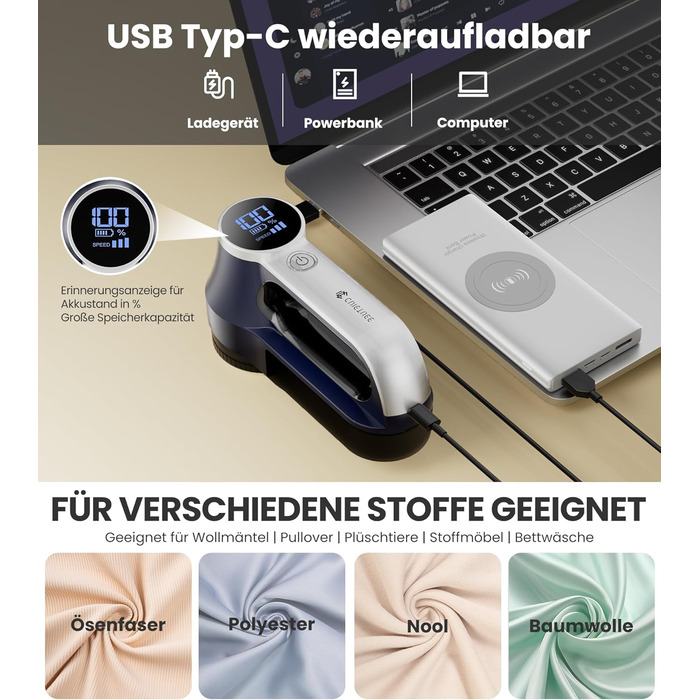Електричний видалення ворсу CuieTuee з LED, USB-зарядкою, 3 швидкості, 2000mAh, для одягу (Navy Blue)