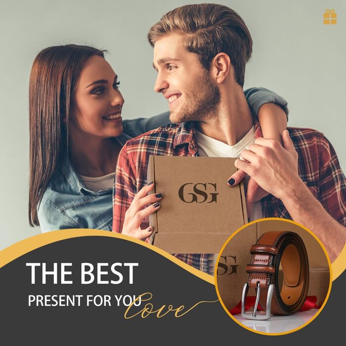 Чоловічий шкіряний ремінь GSG Since 1998 - класичний дизайн, ширина 37 мм, для бізнесу та урочистих подій, у подарунковій коробці. Колір: Sienna Brown