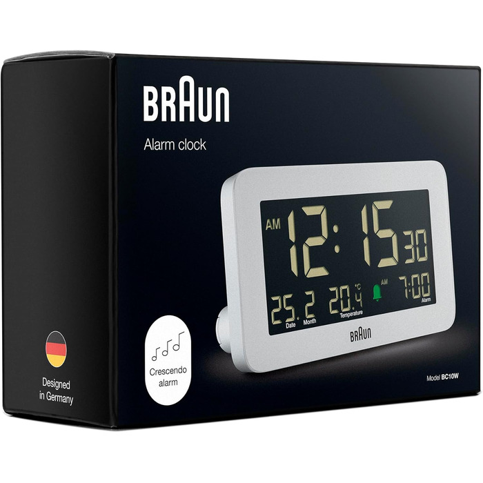 Braun Digital Alarm Clock with Date, Month, and Temperature Display, Negative LCD Display, Quick Set Function, and Gradual Alarm Sound in White, Model BC10W.