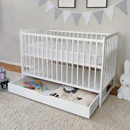 Дитяче ліжечко Kids Collective з шухлядою, 60x120 см, регульоване по висоті, знімні прути, опціонально з матрацом, біле, міцне, зроблено в Європі