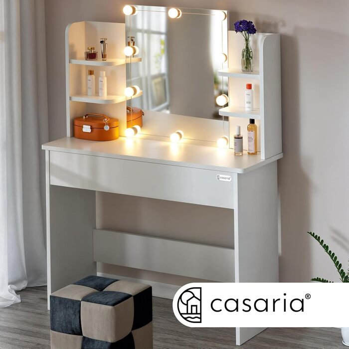 Туалетний столик Casaria з дзеркалом, LED підсвіткою, сенсорним датчиком, 4 полицями, білий, косметичний стіл 110x40 см, дерево з LED
