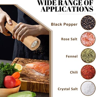 BOCHION Salt and Pepper Grinder Set of 2, Spice Grinder with Transparent Window and Coaster, Large Wooden Salt and Pepper Grinder with Manually Adjustable Ceramic Grinding Core, for BBQ, Restaurant, Kitchen, 18 cm