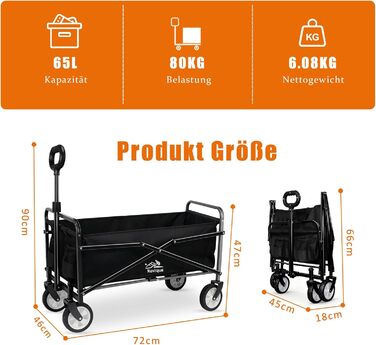 Складний візок-тележка Bollerwagen 80 кг, чорний: для саду, кемпінгу, пляжу, фестивалів. З тримачем для напоїв.