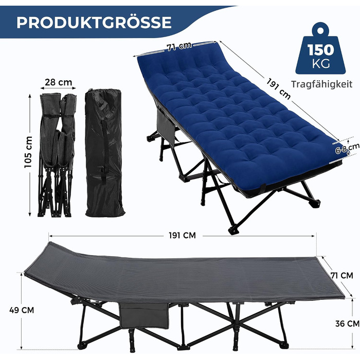 Ліжко похідне розкладне Palawano Extra Wide 190x71 см з матрацом для кемпінгу, подорожей (Синій)