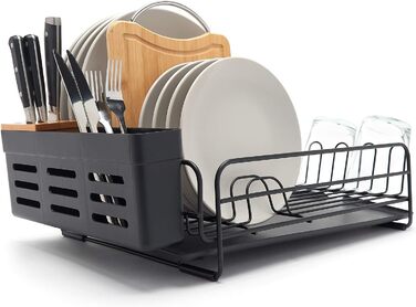 Premium Dish Drying Rack – Drying Rack for Plates with Cutlery Holder and Catch Basin – Black Powder-Coated Steel