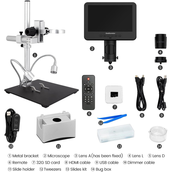 Цифровий мікроскоп Andonstar AD246S-M з 7-дюймовим екраном, 2000x, 3 об'єктиви, запис 2160P UHD, 32GB карта пам'яті