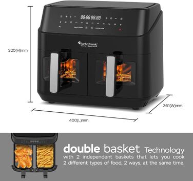 TurboTronic подвійна аерофритюрниця XXL 1600 Вт, 9 л (2×4,5 л), 10 програм, цифрова, без олії, сіра