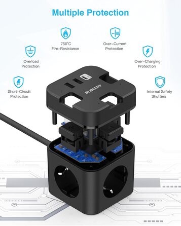 Багатофункціональний USB-розподільник 6 в 1 з USB-C, 3 розетки, індивідуальне вмикання, куб, кабель, для офісу, дому, подорожей (4M, чорний)