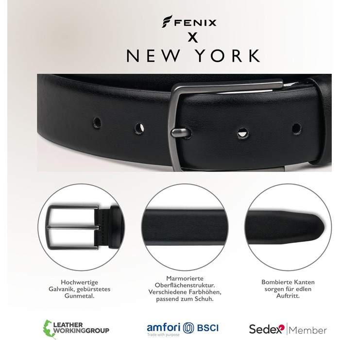 Чоловічий шкіряний ремінь FENIX NEW YORK, 80-125 см, регульований, 35 мм, без нікелю, для костюма та джинсів