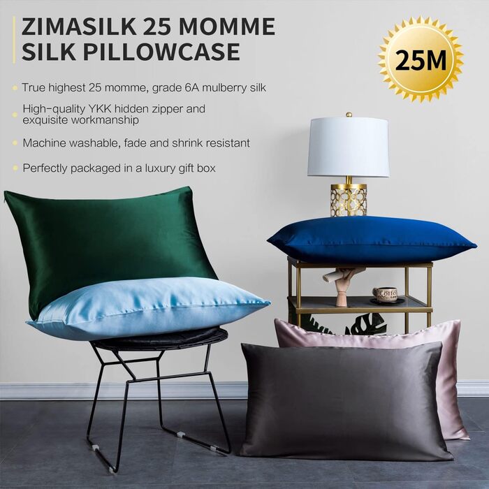ZIMASILK 25 Momme 100% Mulberry Silk Pillowcase, for Hair and Skin, Both Sides, 900 Thread Count, Natural Silk, Hidden Zipper, 1 Gift Box (Light Blue, 20 x 30 inches)