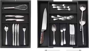 Relaxdays Extendable Cutlery Box, Bamboo, HBT: 5 x 30.5-49 x 46 cm, 5-7 Compartments, Cutlery Insert for Drawers, Black, 1 Piece