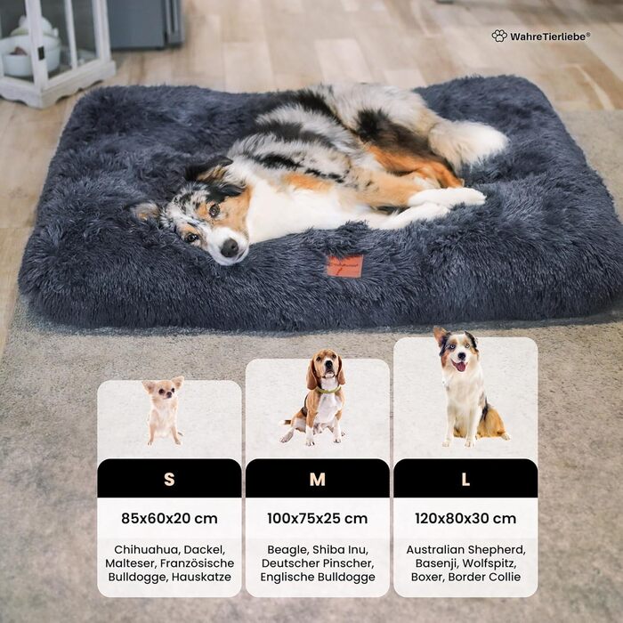 Преміум подушка для собак Wahre Tierliebe Fluffy - М'яке ліжко для вашого улюбленця. Легко чиститься, ідеально для дому та в дорогу. Розмір L (120x80x30 см), темно-сірий колір.