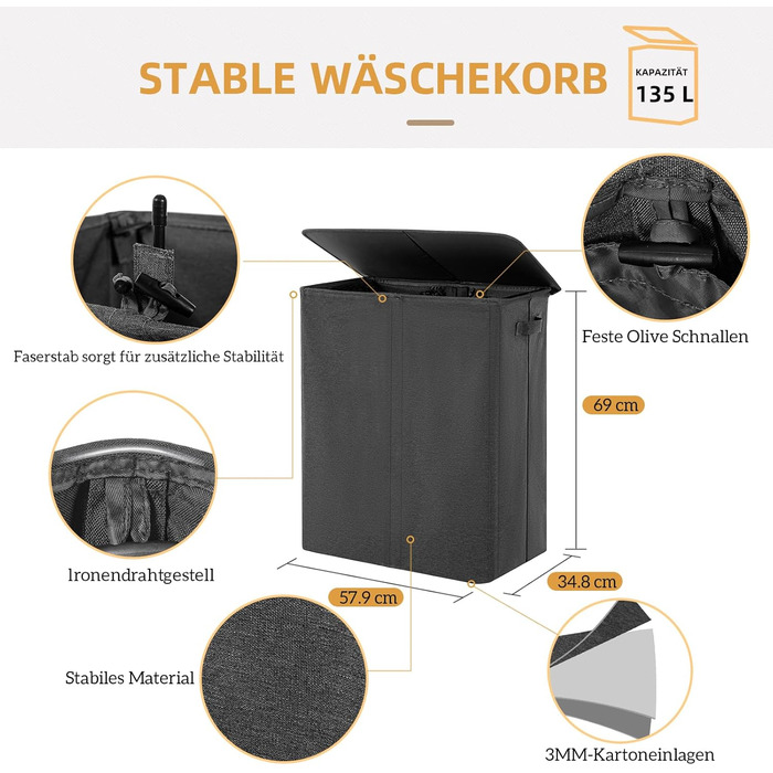 Laundry Basket with Lid, 135L Extra Large Laundry Basket with 2 Compartments, Dirty Clothes Hampers for Laundry, Laundry Collector with 2 Divided Compartments, Laundry Basket Organizer for Bedroom, Dark Gray