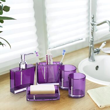 5-Piece Bathroom Accessory Set includes emulsion bottle, toothbrush holder, 2 rinsing cups, soap dish, plastic gift bath set, white (purple)