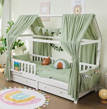 ALAVYA HOME® 3-Piece House Bed Decor Set with 2 Canopy Curtains | 1 Wimpelkette (300cm long) for Children's Bed, Kids' Room | 100% Organic Muslin Cotton | GOTS Certified | 125 x 350 cm | Khaki 125 x 350 cm Khaki