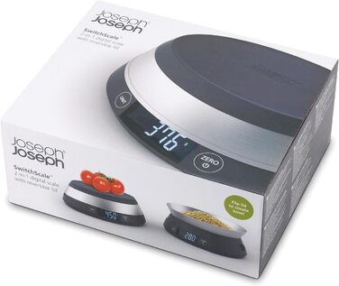 Joseph Joseph SwitchScale 2-in-1 Kitchen Scale - Digital, 5kg Capacity, Metric & Imperial LCD Display, Battery Powered - Gray