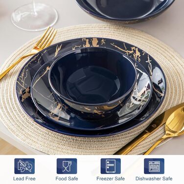 Набір посуду Lovelcasa Sweet Daphne, 32 елементи, порцеляновий сервіз з золотим декором для 8 осіб (темно-синій)