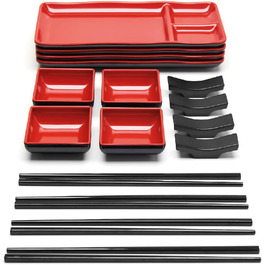 Японський набір суші на 16 осіб – 4 тарілки, 4 соусники, 4 пари паличок, 4 підставки – з меламіну (червоний)