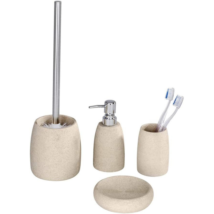 Набір для туалету WENKO Goa: тримач щітки з важкого полірезину (імітація каменю) та щітка з змінним насадком, бежевий, 11,8 x 38,5 см