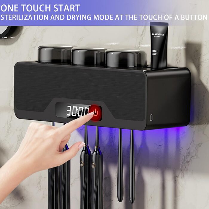 Wall-Mounted Toothbrush Holder, Smart Cleaner Case with Drying and Cleaning, Toothbrush Holder with 6 Toothbrush Slots, Multifunctional Toothbrush Holder with 3 Cups for Bathroom (Black)