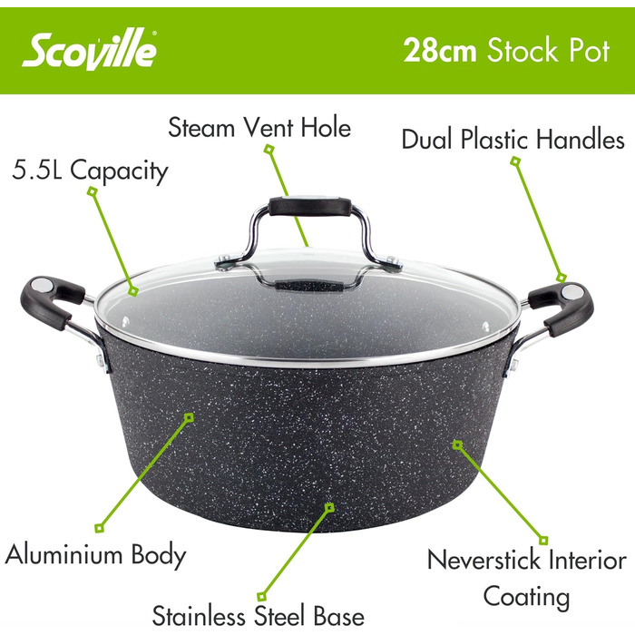 Суповий каструля Scoville Neverstick 28 см з кришкою, антипригарна, алюмінієва, 5,5 л, для всіх плит, індукція, PFOA Free, посудомийна машина