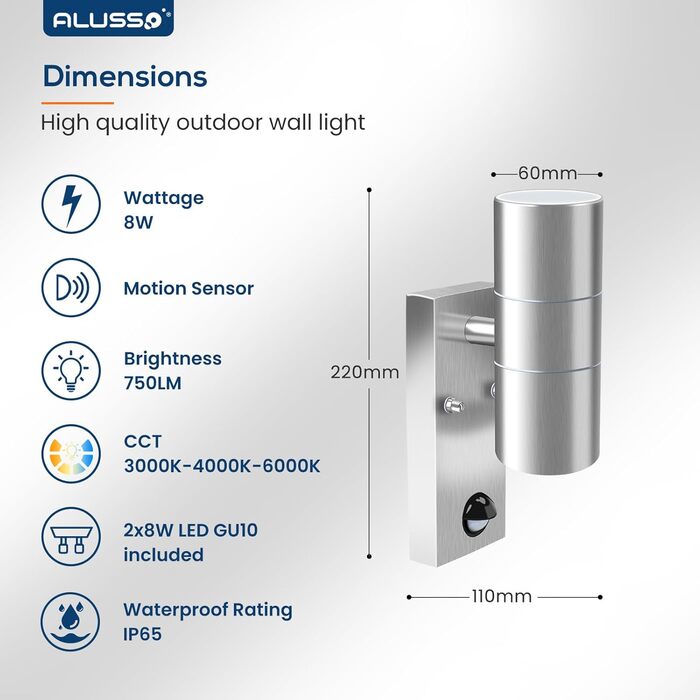 ALUSSO Вологостійкий вуличний світильник з датчиком руху, 2x8W LED, IP65, нержавіюча сталь, 3 колірні температури