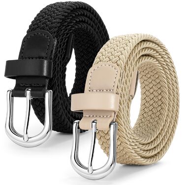 Жіночий плетеный еластичний пояс JASGOOD, льон, 2.5 см, комплект 2 шт. (Чорний + Хакі, срібна пряжка, розмір M до 86 см)