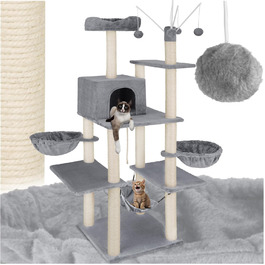 Тектейк® XXL Дерево для котів велике, з аксесуарами: лежанки, гамак, будиночок, іграшки, мотузка з сизалю, стійка для дряпання, висота 165 см, сірий | 402931