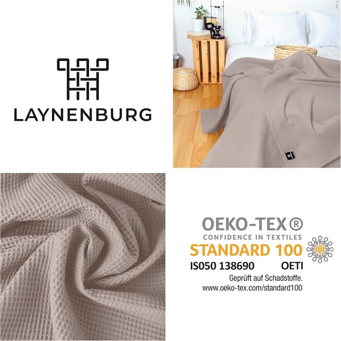 Плед LAYNENBURG Premium 180x220 см, бавовна 100%, вафельна в'язка, бежевий. Плед на ліжко, диван, софу.