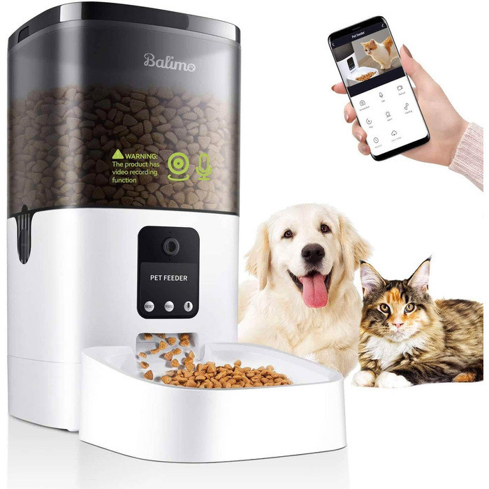 Автомат годування котів Balimo з HD 1080P відео, Wi-Fi, APP-керування та нічне бачення, 4L, нержавійна чаша, 8 прийомів їжі на день, білий