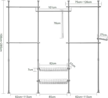 SoBuy KLS04-SCH Telescopic Clothes Rail with 5 Clothes Rails and 2 Baskets Telescopic Wardrobe System Adjustable Shelf System B (209-311) x H (200-285) cm (Light Grey)
