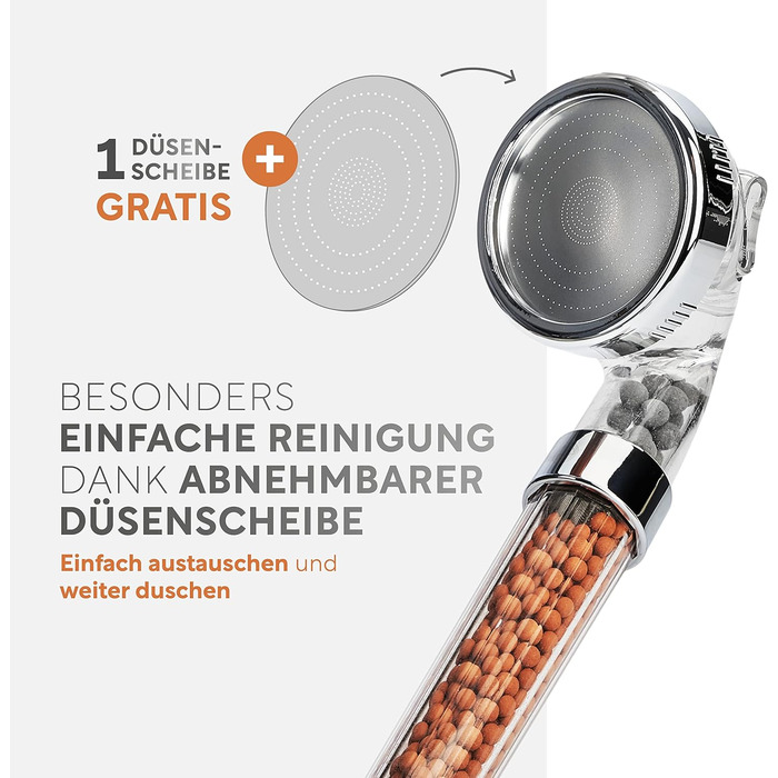 Premium showerhead with mineral stones from happydrop - The water-saving hand shower with pressure-increasing effect and 3 spray patterns