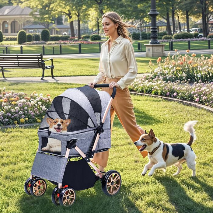 Візок для собак DWVO 3-в-1: візок, переноска, сумка. До 22 кг, EVA-колеса, сітчасті вікна, сірий (58.5x76x105cm)
