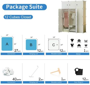 BRIAN & DANY Wardrobe with 12 Cubes, Modular Closet Wardrobe Shelf System Plastic Wardrobe with Doors & 2 Hangers, Additional Stickers Included
