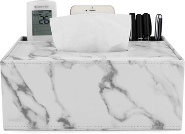 BSTKEY Tissue Box Rectangular Faux Leather Tissue Box with Remote Control (White Marble)