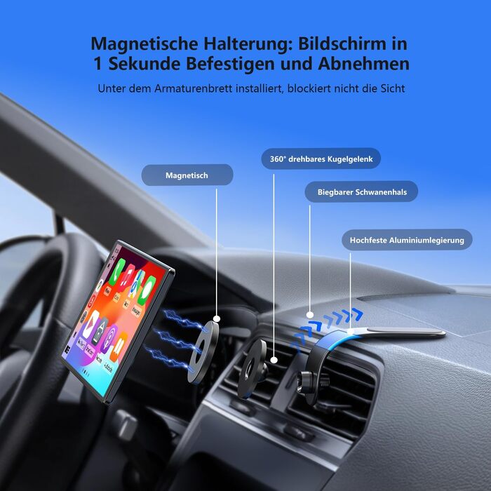 Портативна автомагнітола Krunia 8'' з Apple CarPlay і Android Auto, 1440x900 HD-дисплей, магнітне кріплення, OTA-оновлення, камера заднього виду, Bluetooth, голосове керування, GPS-навігація