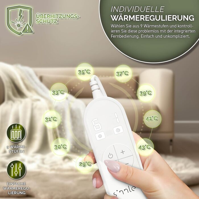 Електрична гріюча ковдра Sinnlein® 160x120 см з таймером та 9 рівнями нагріву | Ковдра для ліжка та дивану | Бежева