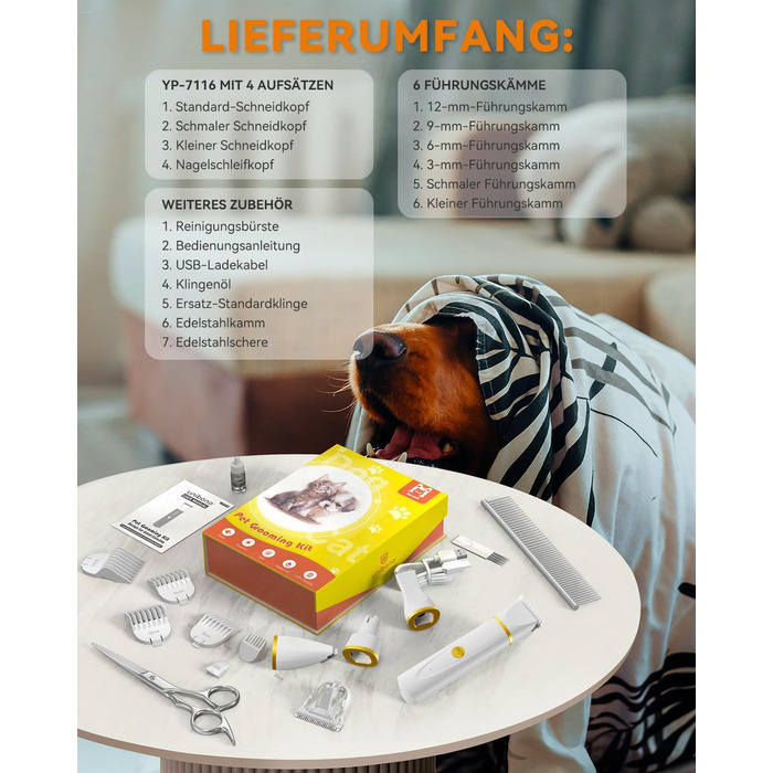 Машинка для стрижки собак і котів Leise, акумуляторна, 7000 об/хв, 4 насадки для догляду за лапами, очима, вухами, обличчям та тілом
