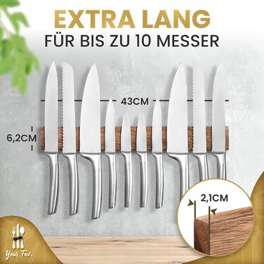 Magnetic Knife Strip, Wood, Self-Adhesive, No Drilling Required - XL Knife Strip for up to 10 Knives - 43x6.2cm - [ROCK SOLID] - Magnetic Knife Block made of Walnut Wood for the Kitchen - Magnetic Knife Holder