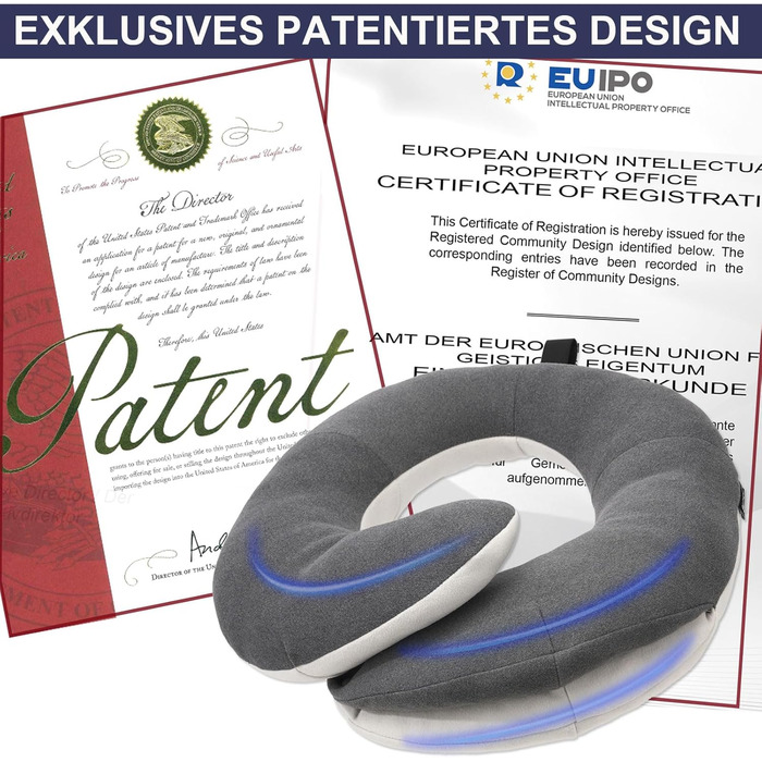 Подушка для шиї BUYUE для подорожей, 360° підтримка голови, сон у дорозі, комплект з маскою для очей, навушниками та чохлом (для дорослих, сіра, до 45 кг)