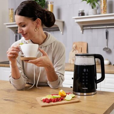 Електричний чайник 1.7л зі скляним корпусом та сенсорним дисплеєм, 2200W, регулювання температури (40–100°C), 5 програм, функція підігріву, нержавіюча сталь, бездротовий