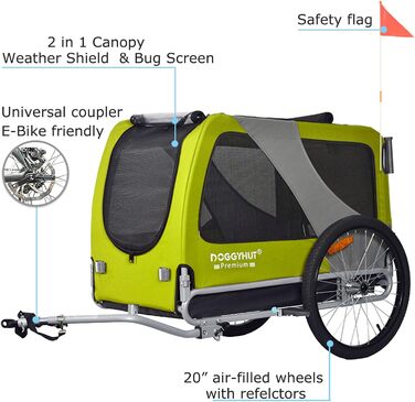 DOGGYHUT® Преміум XL 2-в-1 велопричіп та джоггер для собак 23-45 кг, причіп для велосипеда для собак, зелений лимон