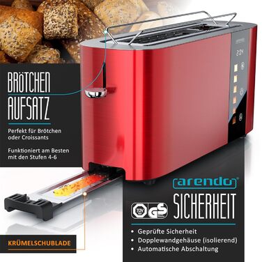 Тостер Arendo з нержавіючої сталі, 2 слоти, сенсорний дисплей, подвійні стінки, насадка для тостів, 6 рівнів підсмажування, центрування хліба, таймер, пам'ять - Чорний (D: Karminrot)