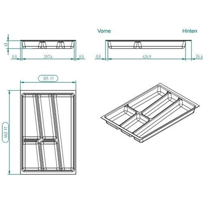 Органайзер для столових приборів ORGA-BOX II для шаф Nobilia 45 см (сірий, ширина 305 мм)
