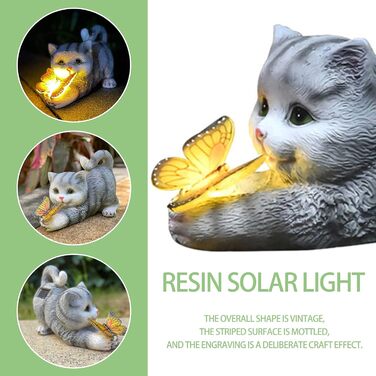 Cat Figurine Garden Decor Cat Garden Decoration Butterflies Solar Lights for Outdoors Balcony Garden Decoration Courtyard Layout Cute Cat Top Butterfly Ornaments Resin Solar Lights (gray)