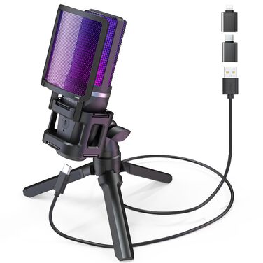Zealsound USB Мікрофон для ПК та телефону – RGB, з регулюванням гучності, поп-фільтром, тримачем, та 2 адаптерами для подкастів, стрімінгу, Discord, YouTube, TikTok A68
