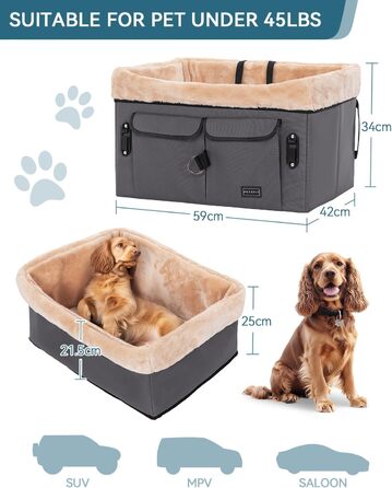 Автокрісло для собак Petsfit M, сірий: зручне автокрісло для середніх та 2 маленьких собак з підкладкою, ременями та кишенею