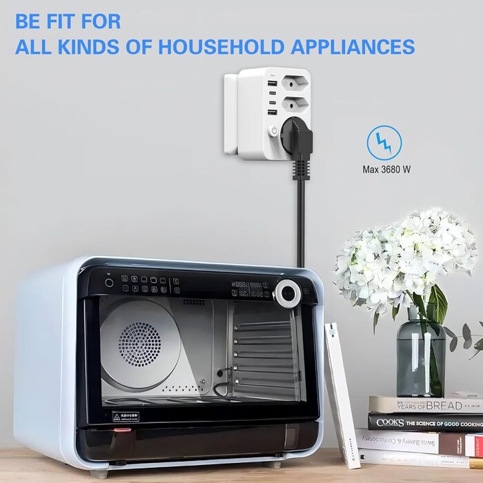 Мережевий адаптер з USB, 4 USB порти (2xA + C), 3.4A, LED, вимикач, компактний для дому та подорожей